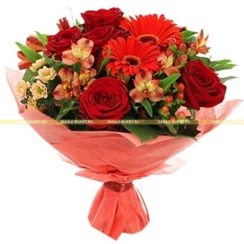 Букет из гербер,альстромерий, розы и хризантем фото 1