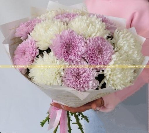Букет из крупных хризантем (розовые и белые) фото 1